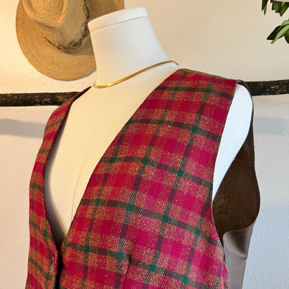 Vintage 90s Pink & Green Plaid Print Button Front Vest Top Size Large USA